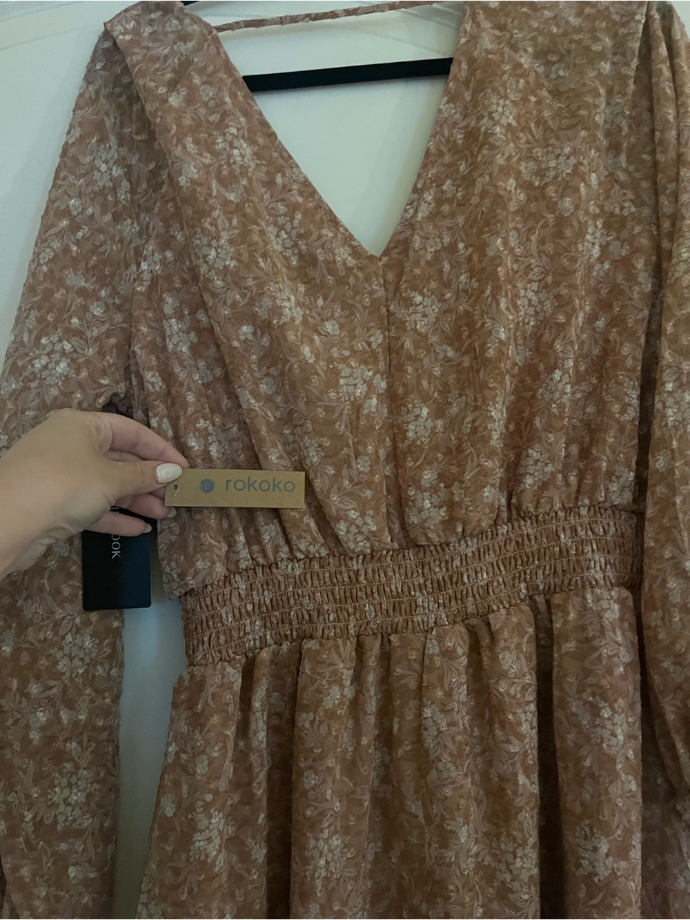 Rokoko Dusty Rose Floral V-Neck Smocked Waist Long Sleeve Dress